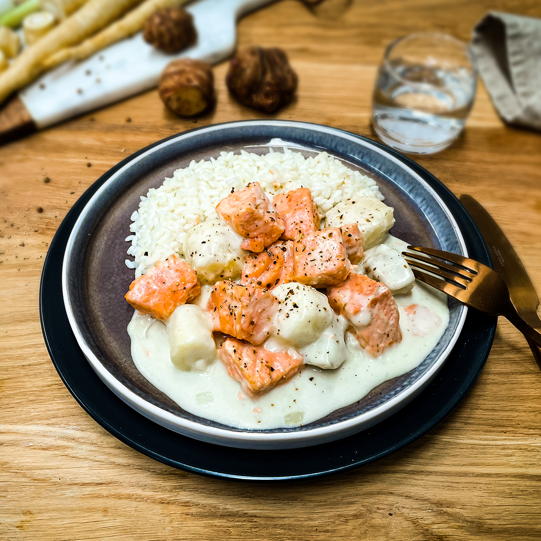 Blanquette de saumon écossais Label Rouge et légumes racines par le