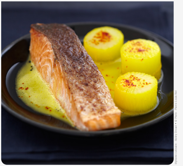 Crispy Label Rouge Scottish salmon portions with nutmeg, saffron potatoes and turnip